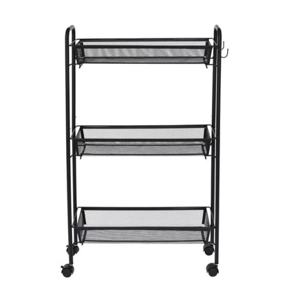 Slim 3-Tier Rolling Bathroom Storage Cart with Hooks, Black