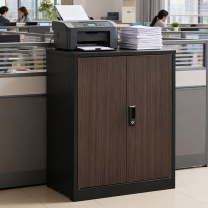 Folding metal storage cabinet with locking doors