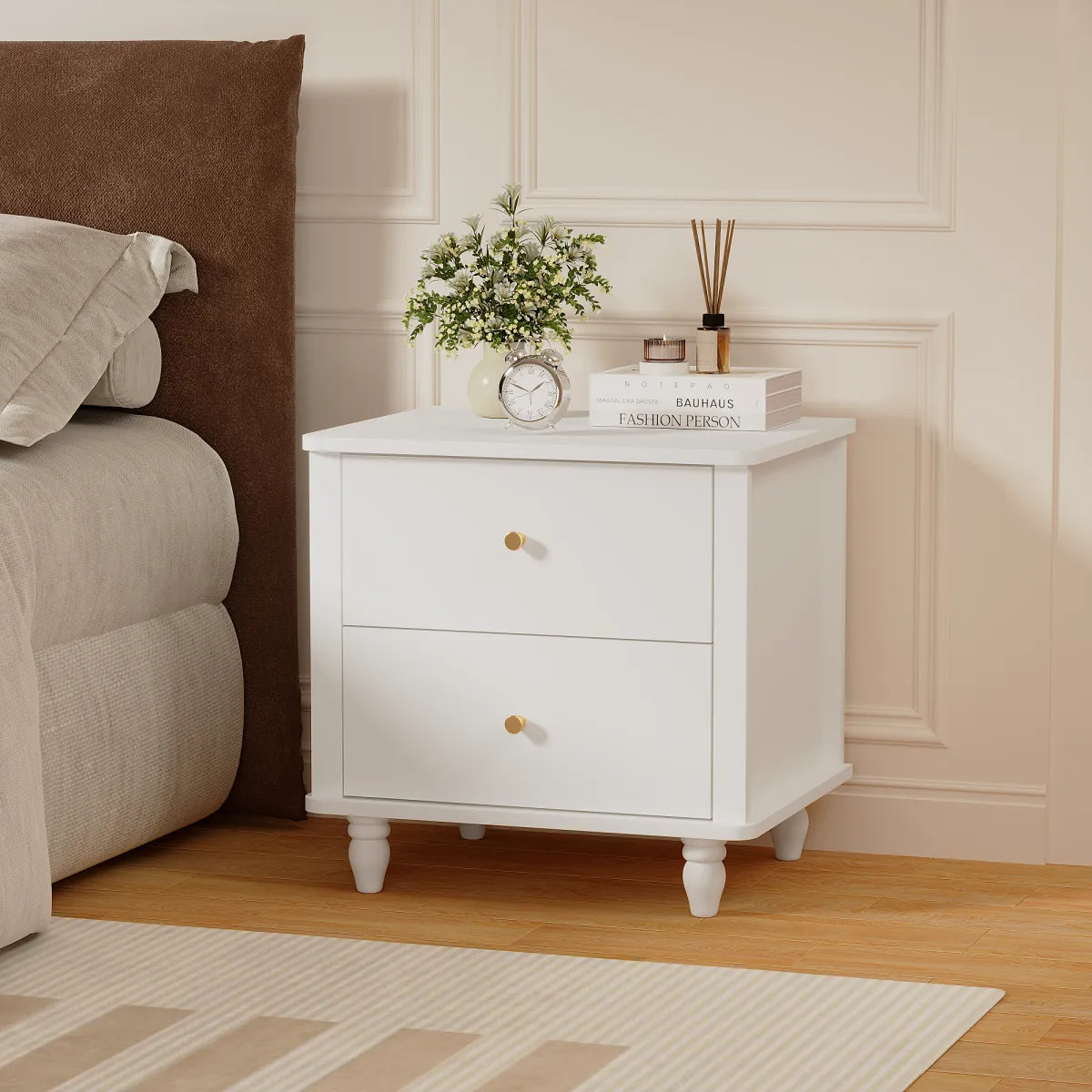 Modern 2-Drawer Nightstand with Round Knobs, White