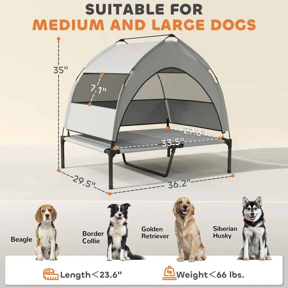 Elevated Dog Bed with Removable Canopy and Cooling Pad, Light Gray