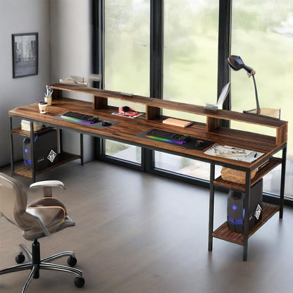 Two-person desk with monitor stands, 78 inch