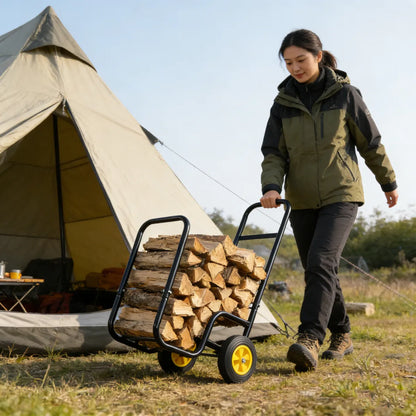 Rolling Firewood Log Cart, Steel Wood Rack Storage Carrier with Wheels