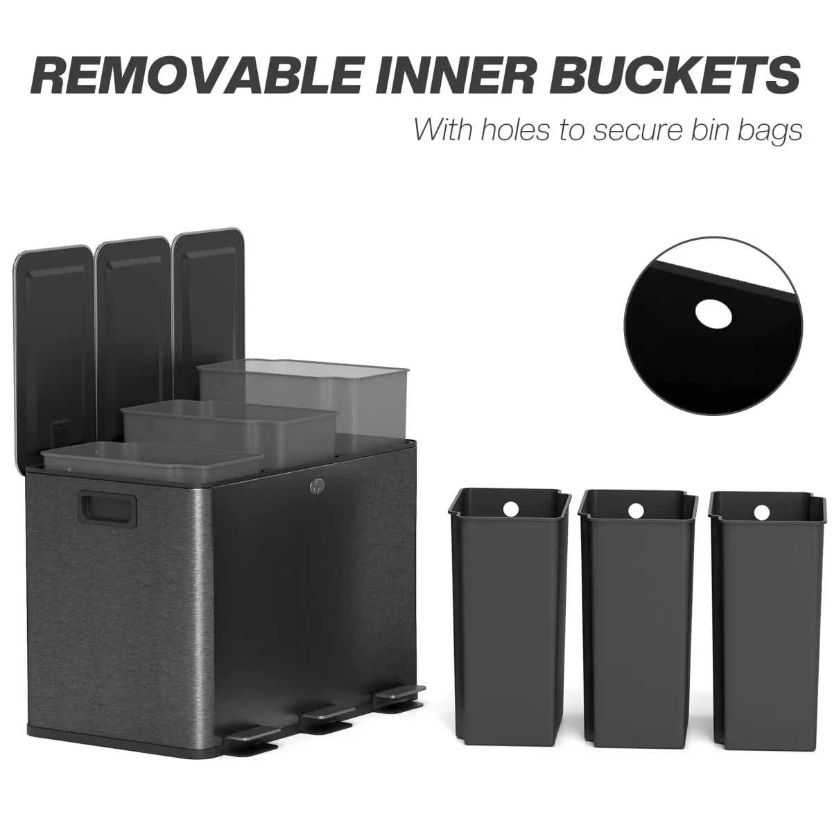 Triple Trash Can with Soft-Close Foot Pedal – 3-Compartment Sorting Bin, Black