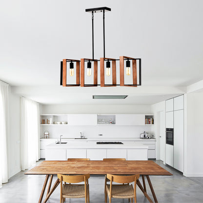 4-light farmhouse rectangular pendant, wood and black