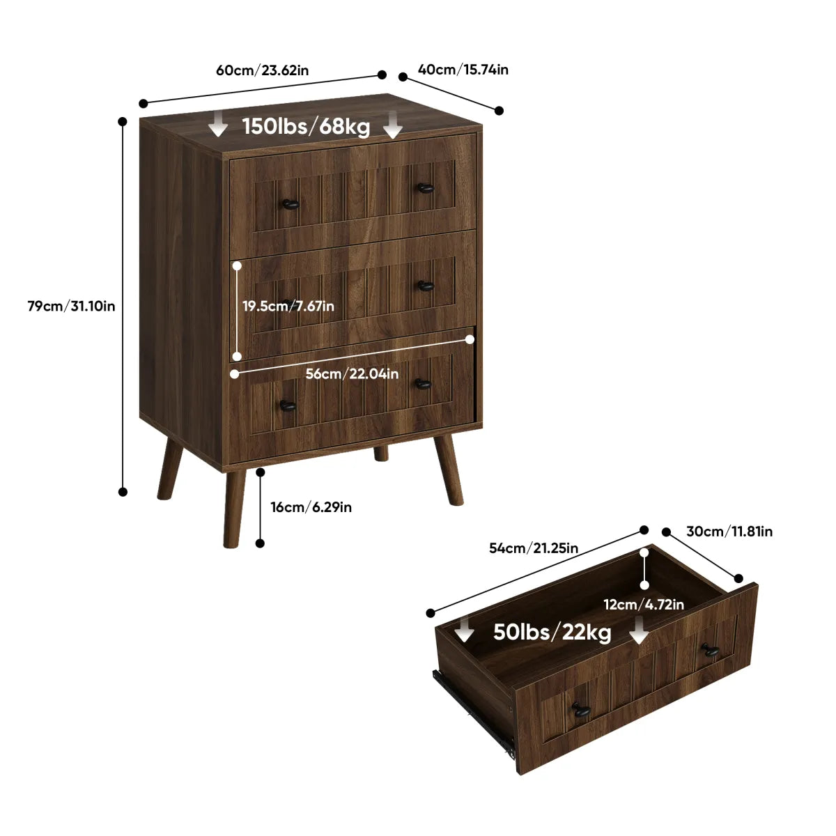 3-Drawer Walnut Dresser Chest – view 2