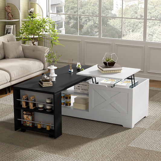 Farmhouse Lift-Top Coffee Table with Barn Doors, White/Black