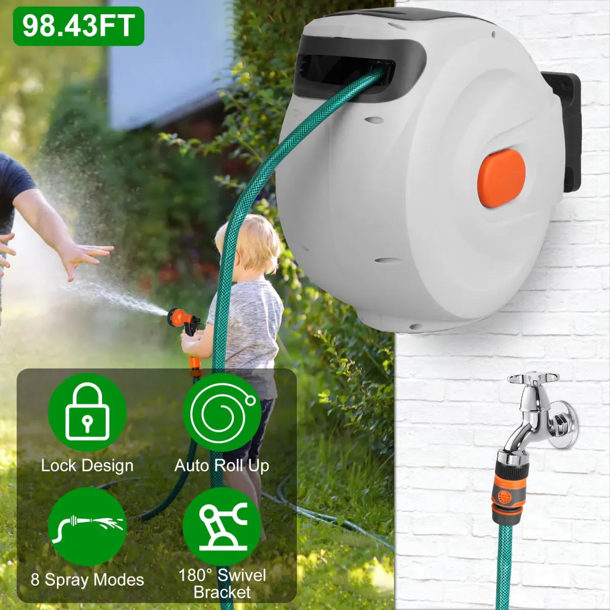 Retractable Wall-Mounted Garden Hose Reel – Auto Lock with 8 Spray Patterns