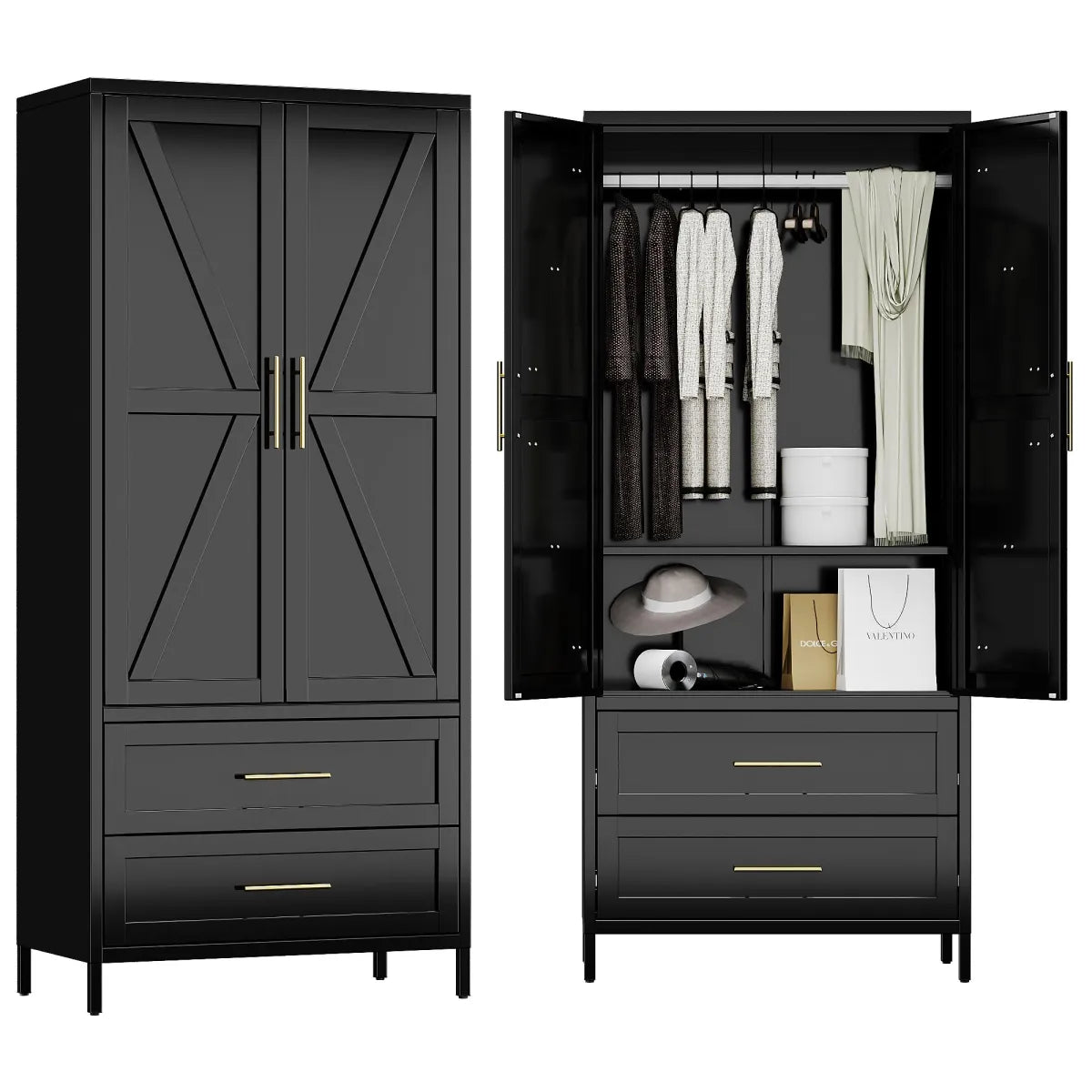 Metal Wardrobe Closet with Doors – 2 Drawers, Hanging Rod & Shelf, Black Bedroom Armoire