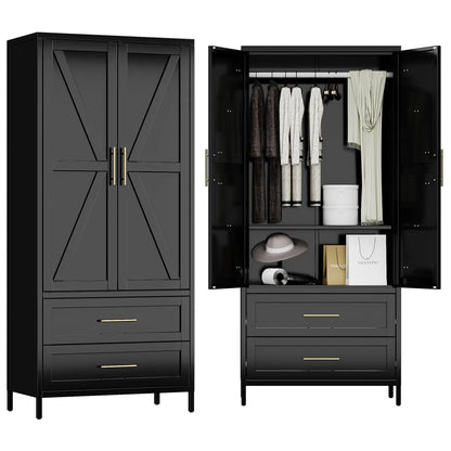 Metal Wardrobe Closet with Doors – 2 Drawers, Hanging Rod & Shelf, Black Bedroom Armoire