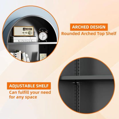Metal Arched Bookcase with Wheels, Black – Freestanding Storage Cabinet