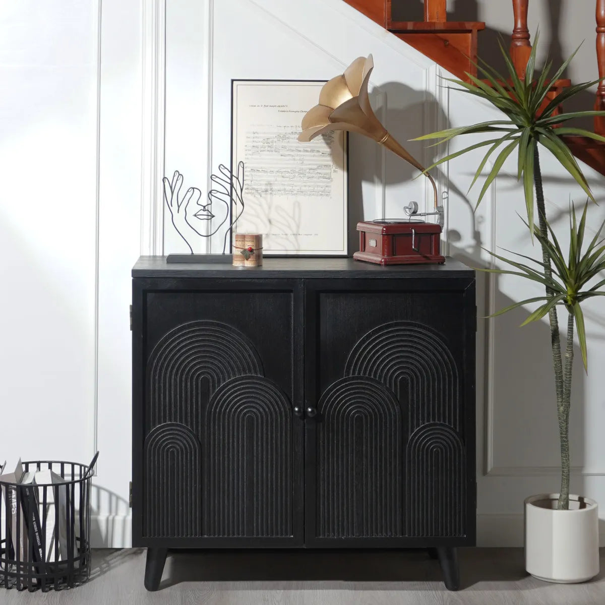 Modern Black Wood Accent Cabinet with Embossed Door