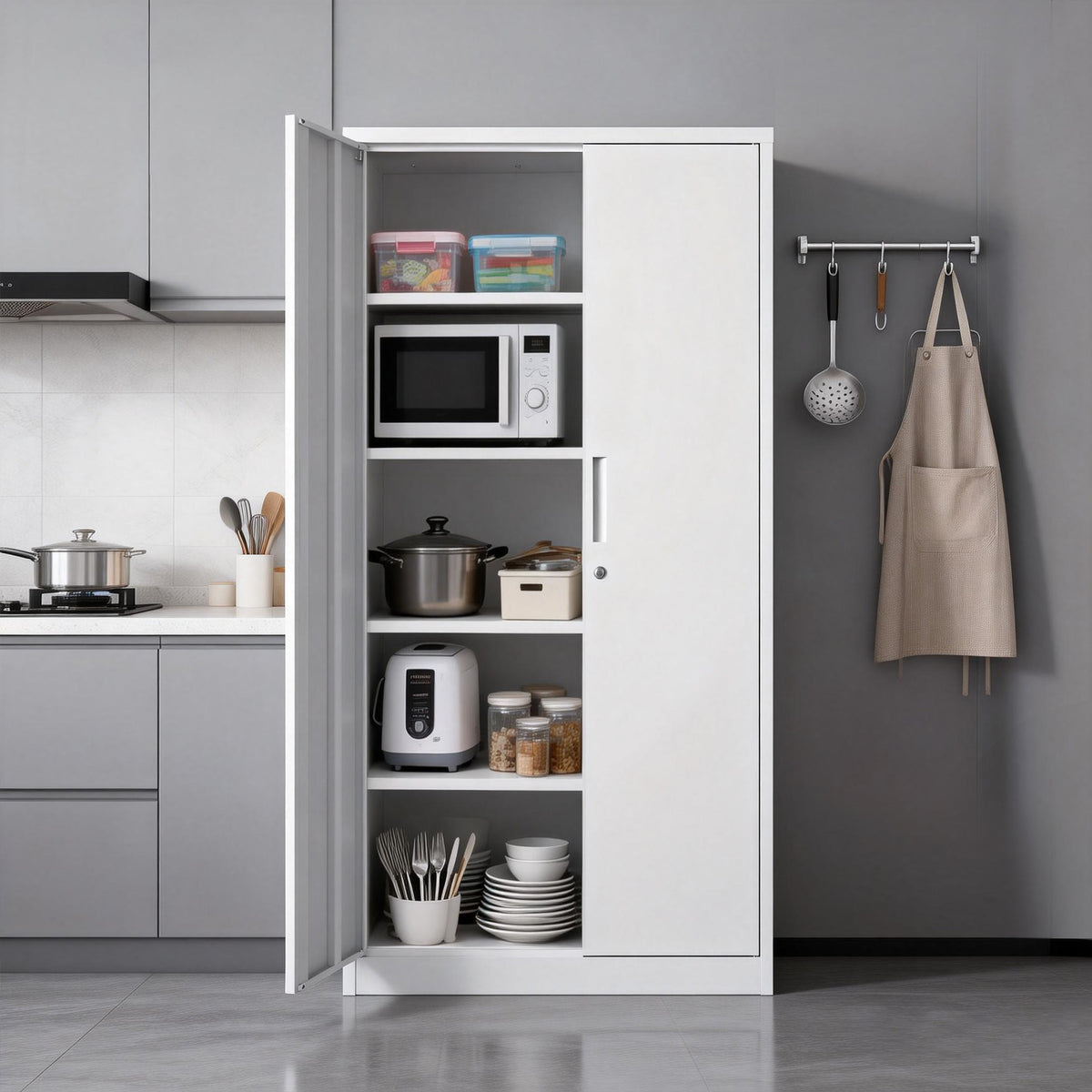 71 inch lockable metal garage cabinet, white