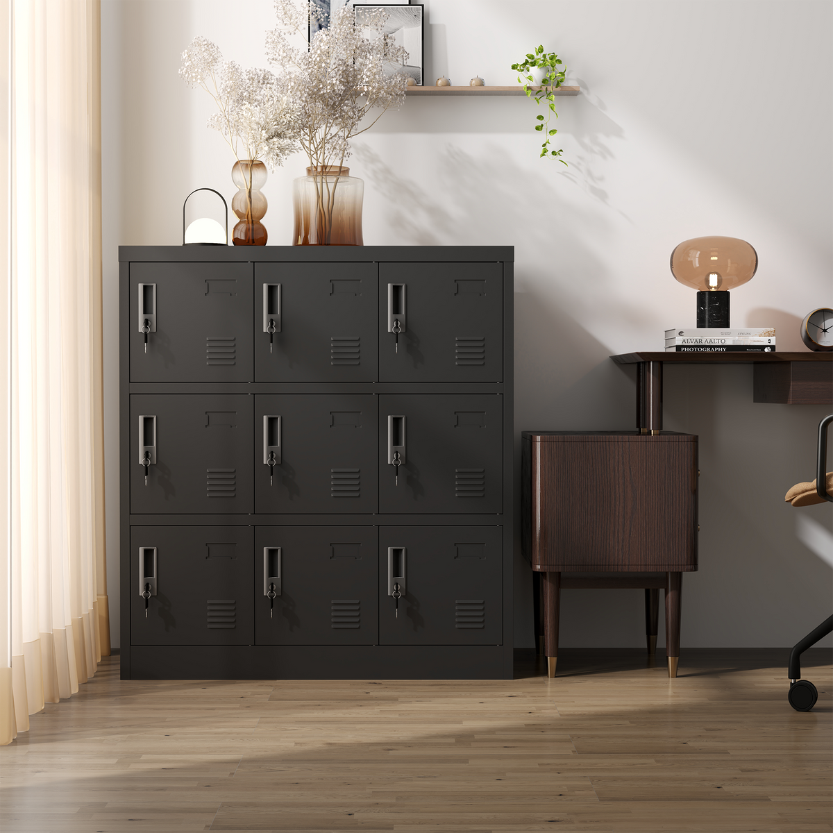 9-door metal storage locker, black