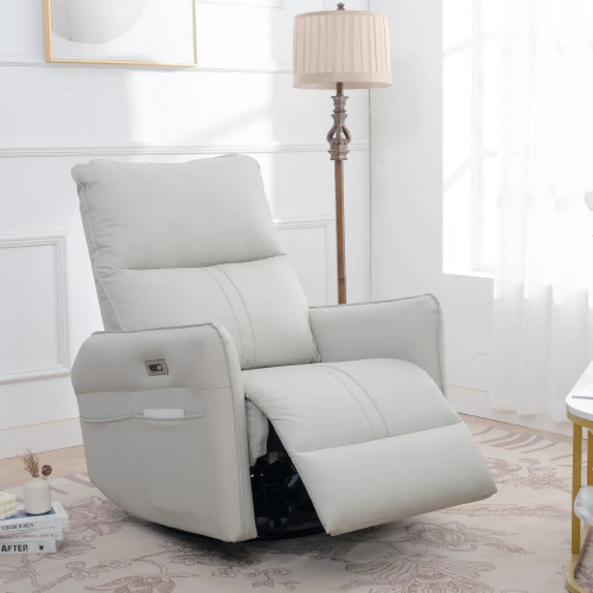 270° Power Swivel Rocker Recliner Chair – PU Leather Glider with USB Ports, Light Gray