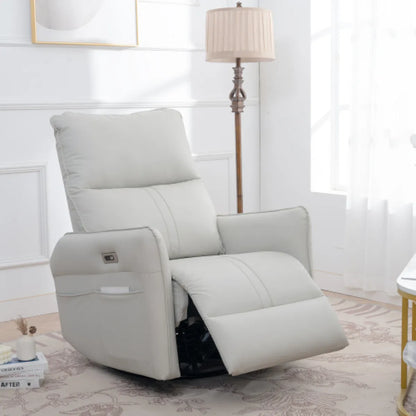 270° Power Swivel Rocker Recliner Chair – PU Leather Glider with USB Ports, Light Gray