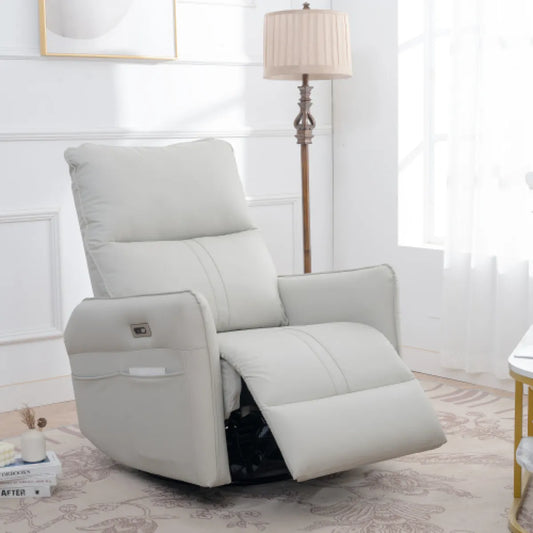 270° Power Swivel Rocker Recliner Chair – PU Leather Glider with USB Ports, Light Gray