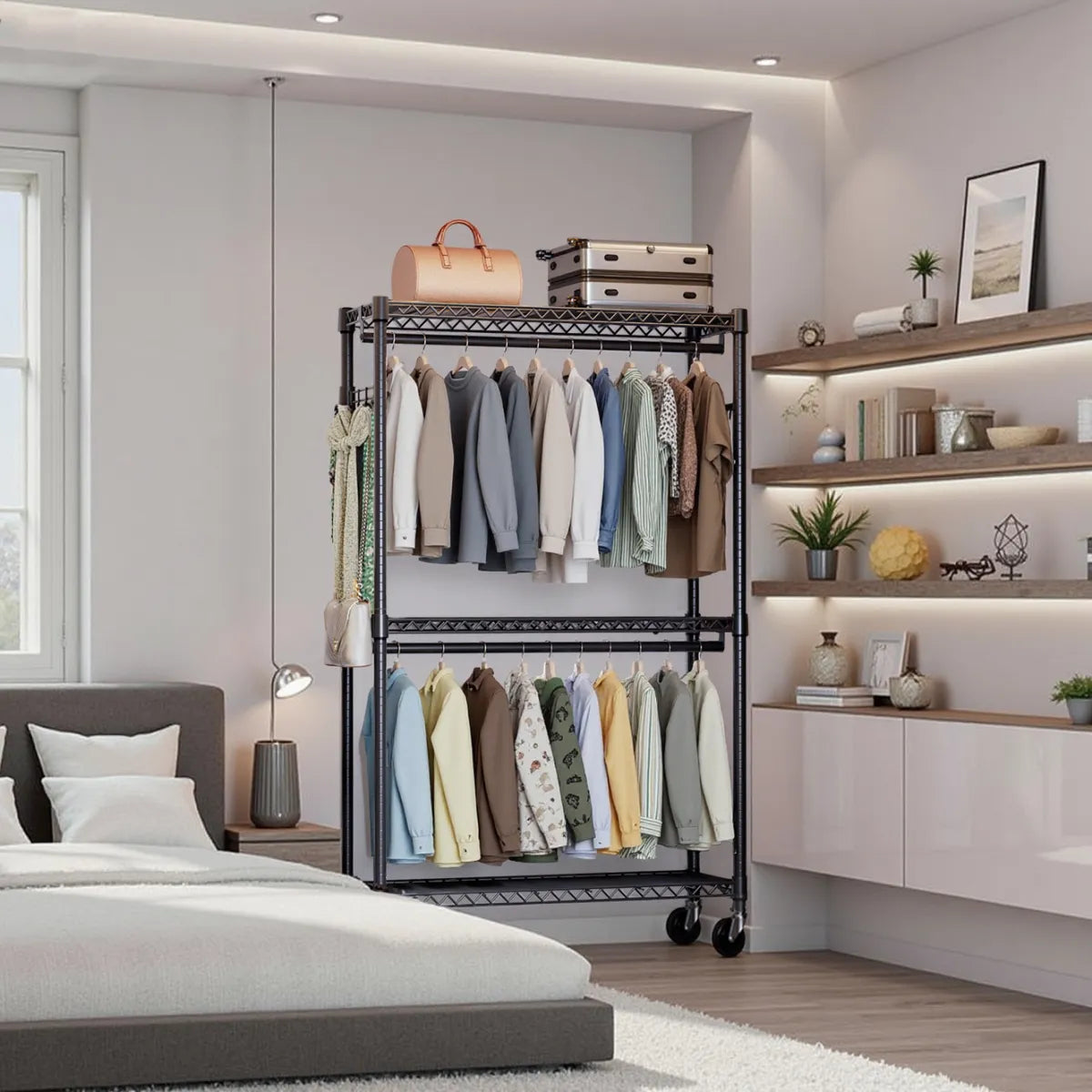 3-Tier Rolling Garment Rack with Wire Shelving, Black
