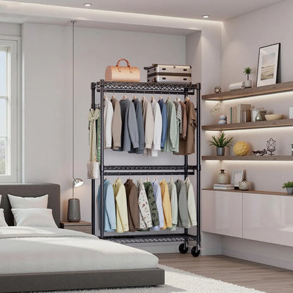 3-Tier Rolling Garment Rack with Wire Shelving, Black