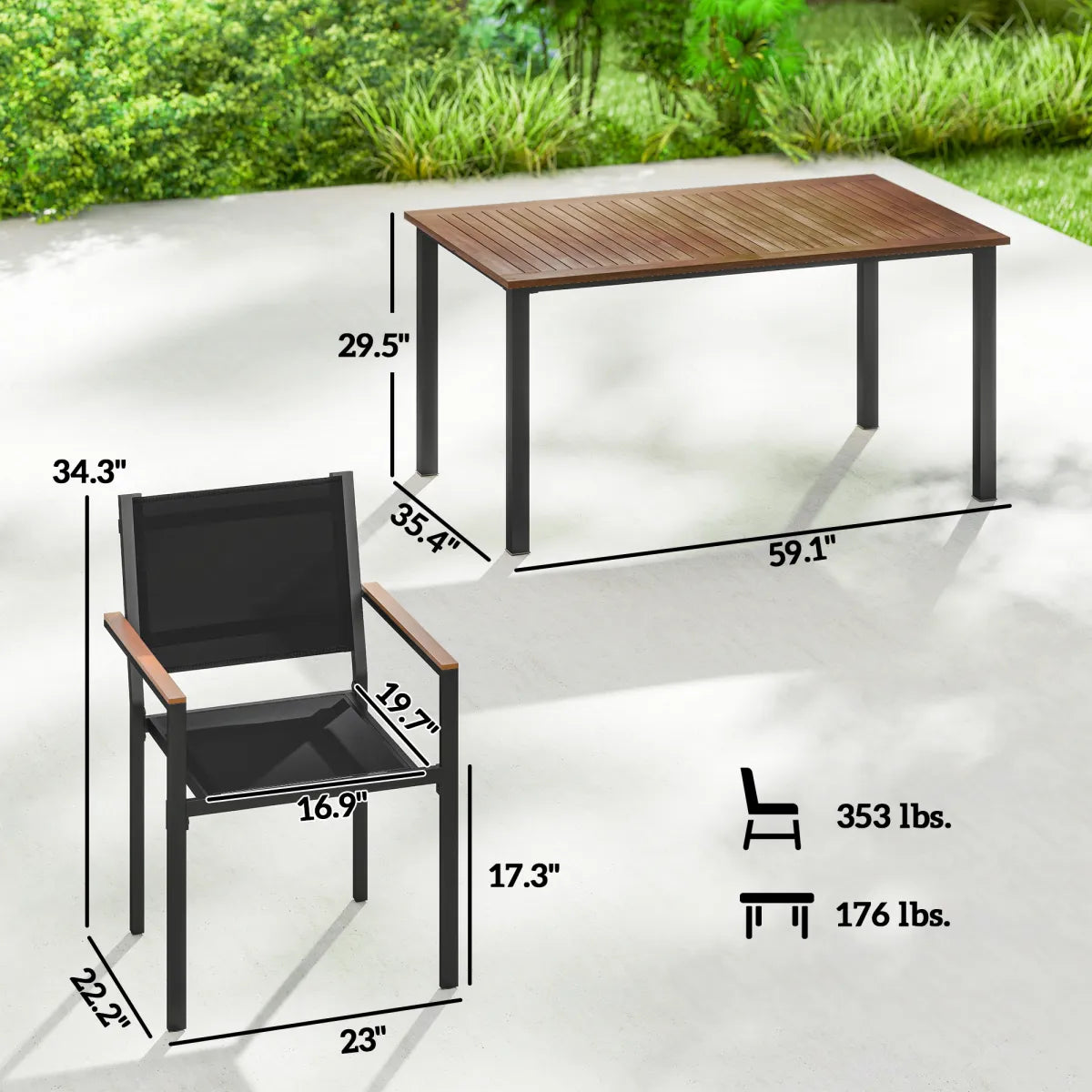 5-Piece Acacia Wood Outdoor Dining Set for 4 with Rectangular Table and Stackable Chairs