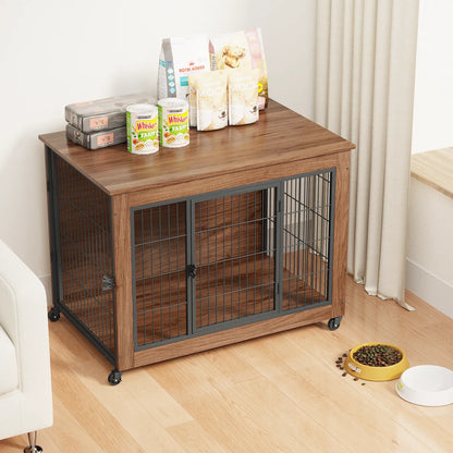 Dog Crate Furniture End Table with Wheels, Brown
