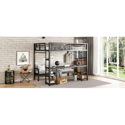 Queen Over Twin XL Metal Bunk Bed – Loft Bed with Desk, Shelves & Fold-Out Sofa, Black – view 4
