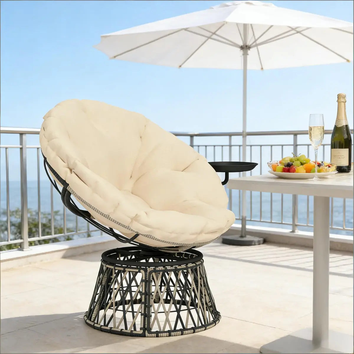 Swivel Outdoor Papasan Circle Chair, Beige & Dark Gray