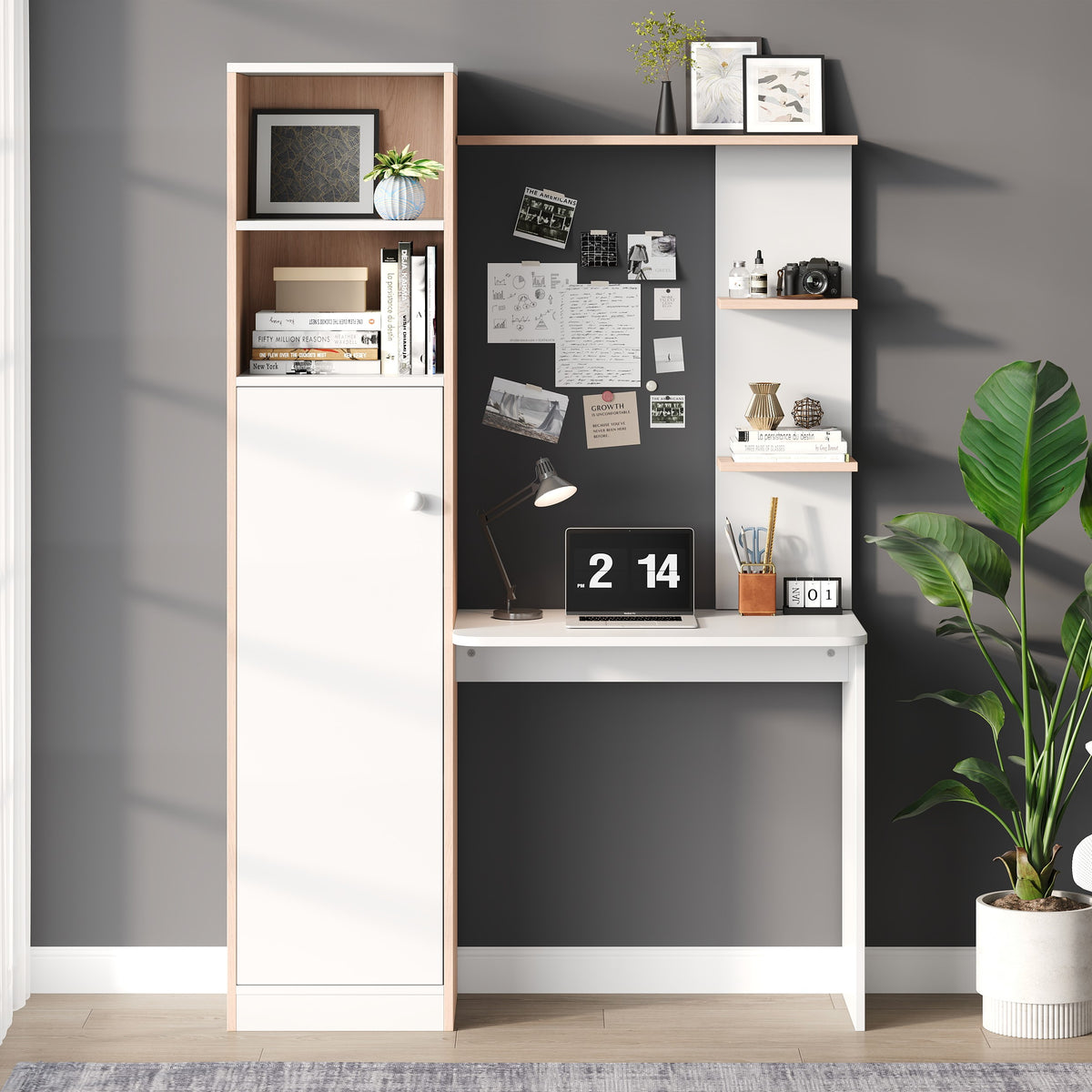 Work desk with storage cabinet and open shelf