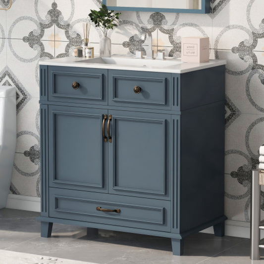 30" Ceramic Sink Bathroom Vanity – Solid Wood Frame, Retro Blue Bathroom Storage