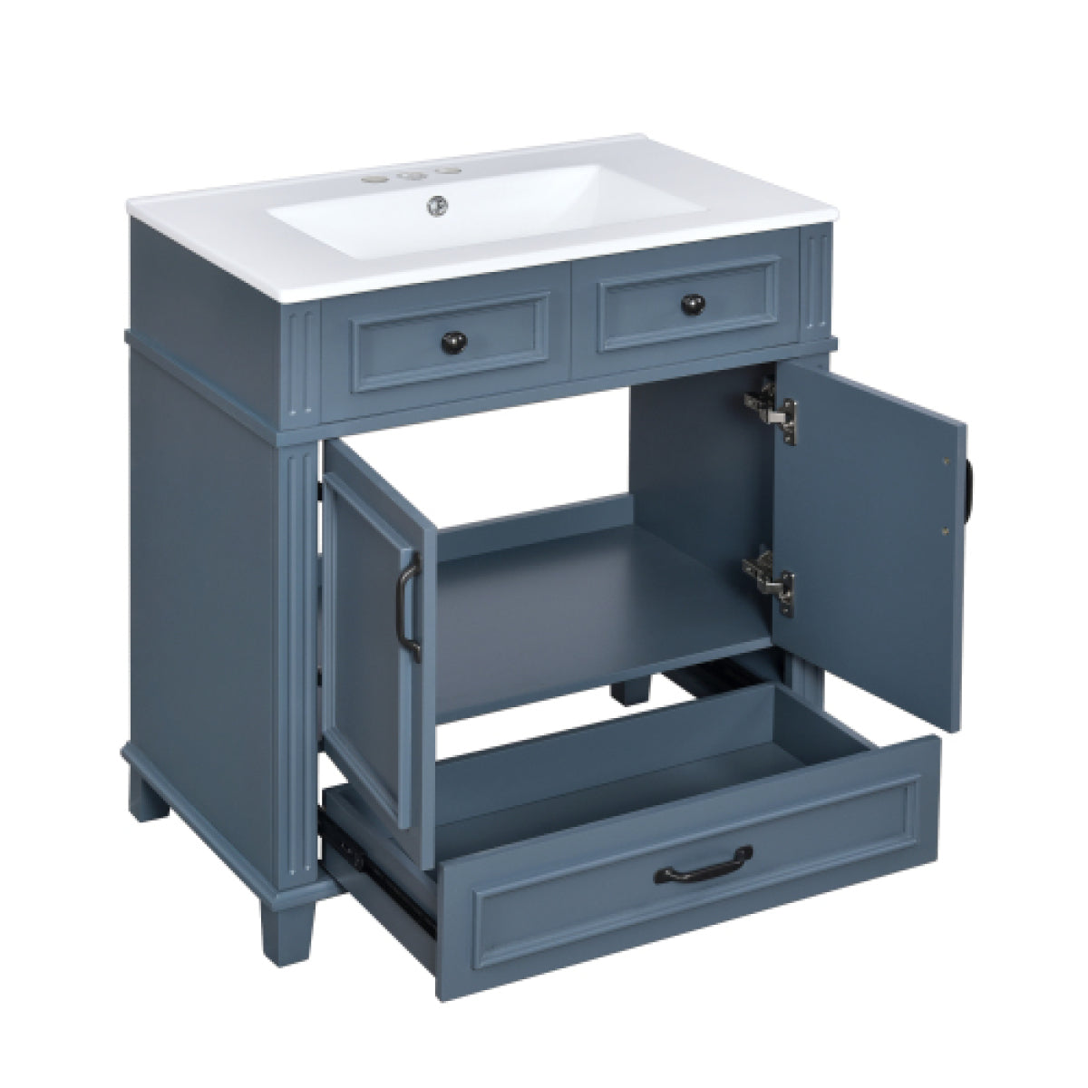 30" Ceramic Sink Bathroom Vanity – Solid Wood Frame, Retro Blue Bathroom Storage – view 5