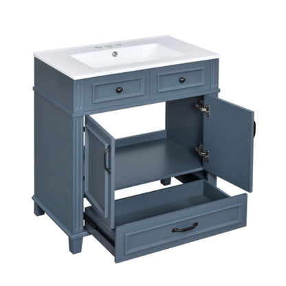 30" Ceramic Sink Bathroom Vanity – Solid Wood Frame, Retro Blue Bathroom Storage – view 5