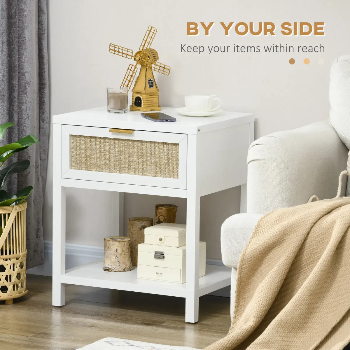 Boho Nightstand with Rattan Drawer and Open Shelf – Bedside Table