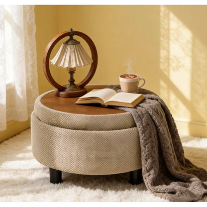 25" Round Storage Ottoman – Wooden Top Coffee Table & Footstool, Camel Fabric