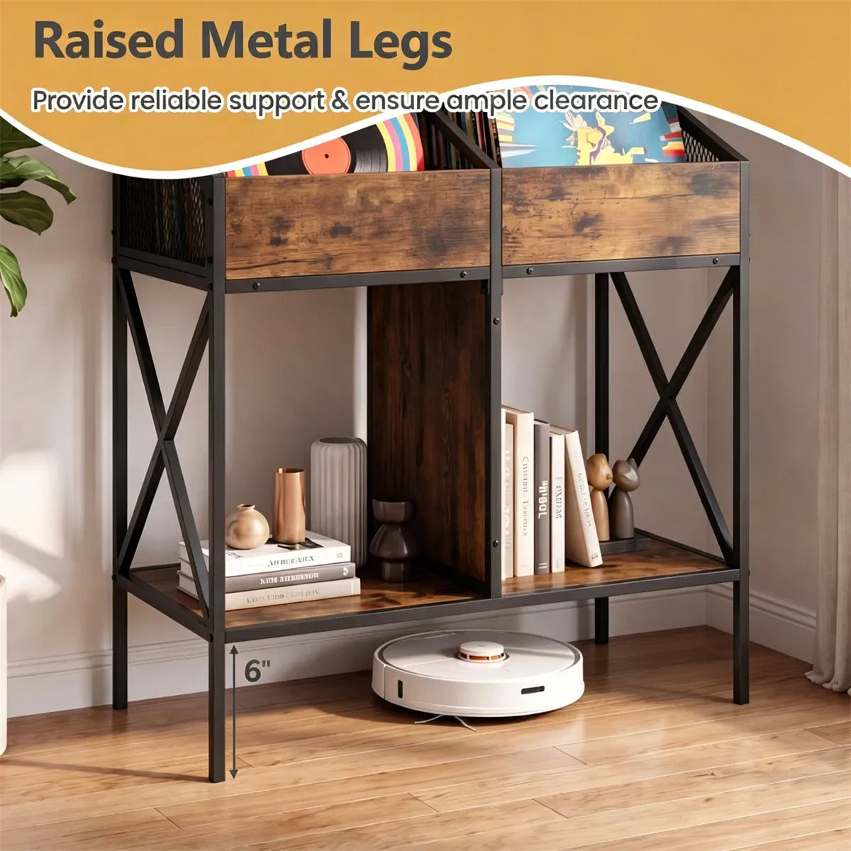 2-Tier Industrial Vinyl Record Storage Rack with Anti-Tipping Kit, Wood and Metal