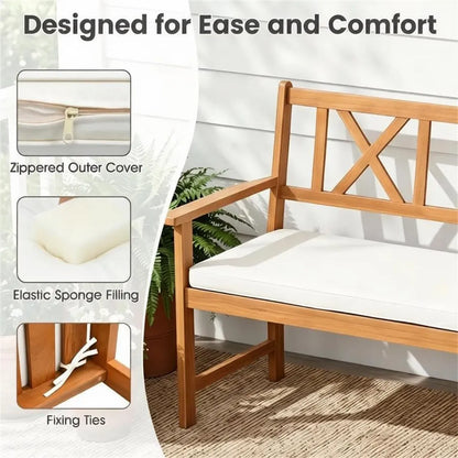 2-Person Acacia Wood Outdoor Loveseat Bench with Removable White Cushion