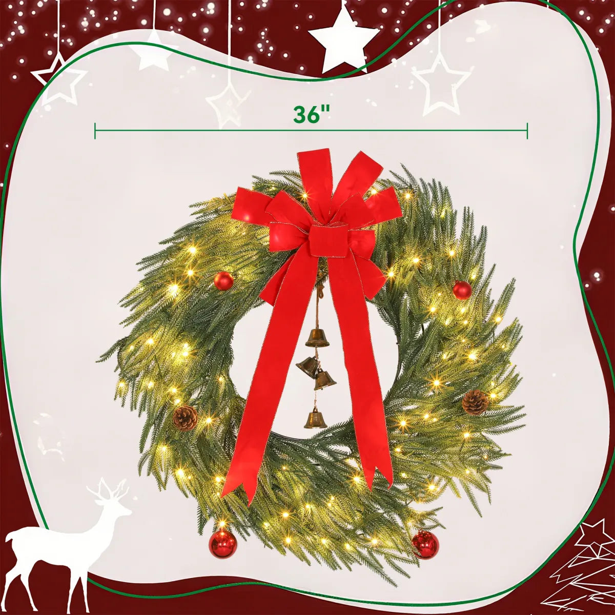 Pre-Lit Christmas Wreath for Front Door with LED Lights