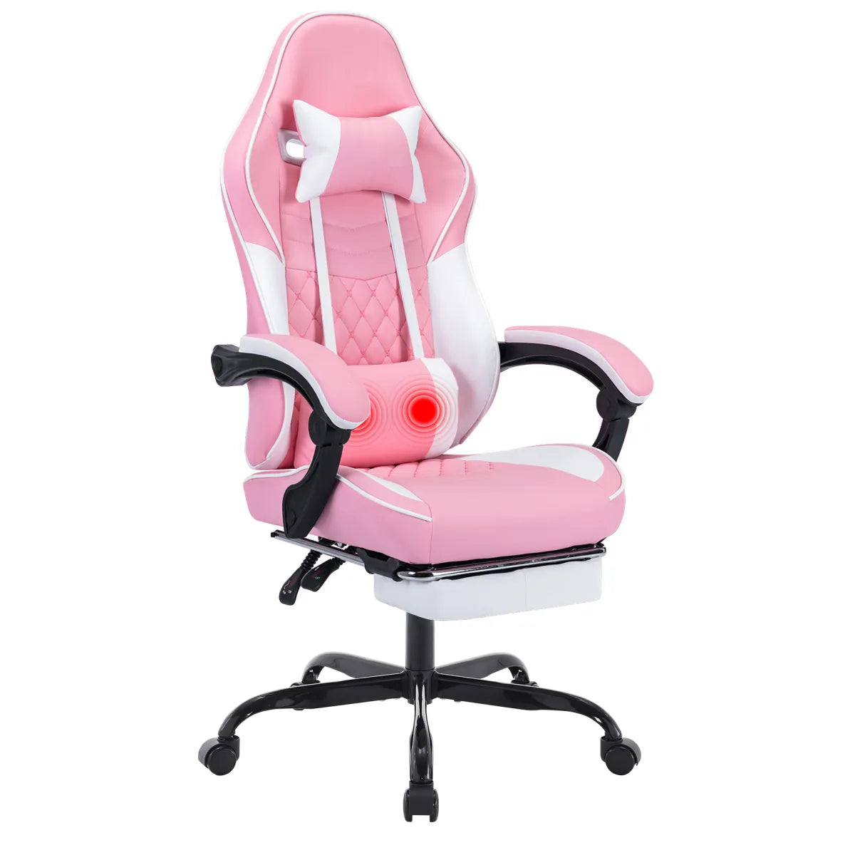 Ergonomic Racing Style Gaming Chair – Massage Lumbar Support, Footrest, Adjustable Headrest, Pink White