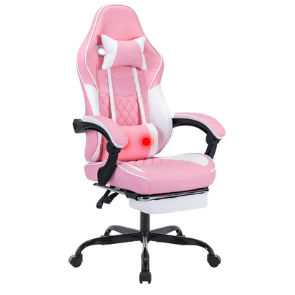 Ergonomic Racing Style Gaming Chair – Massage Lumbar Support, Footrest, Adjustable Headrest, Pink White