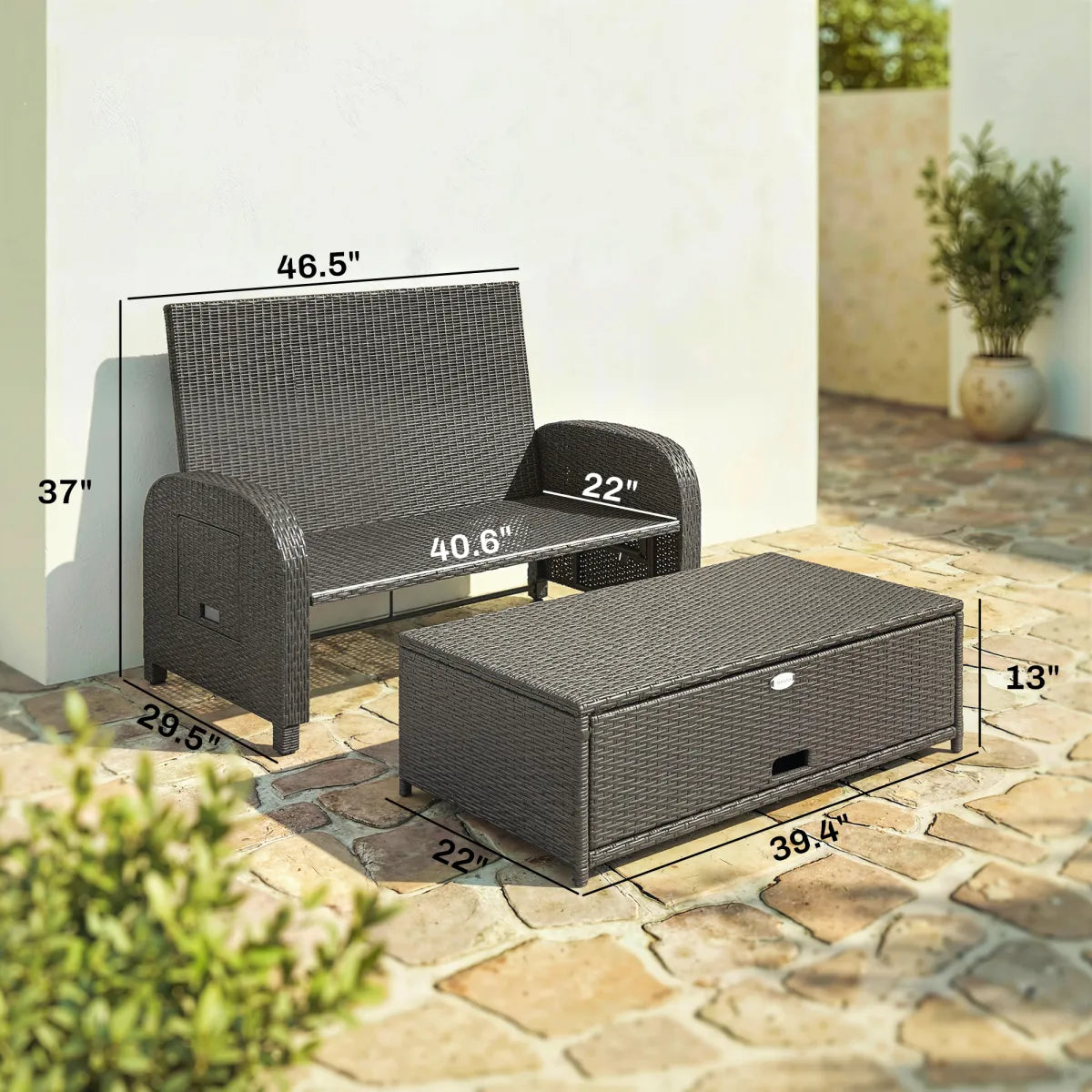 Wicker Outdoor Daybed with Storage Ottoman and Adjustable Backrest, Gray Cushions