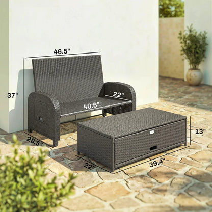 Wicker Outdoor Daybed with Storage Ottoman and Adjustable Backrest, Gray Cushions