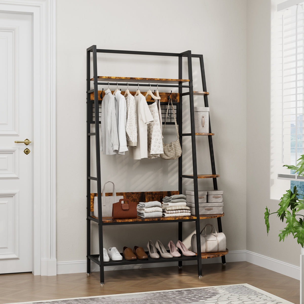 Industrial open coat rack with shelves