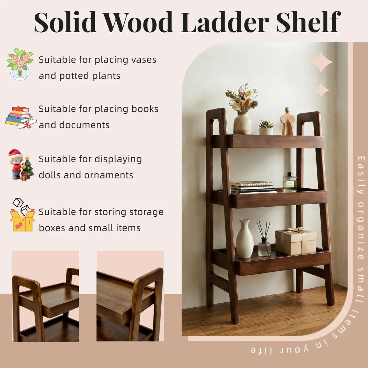 3-Tier Solid Wood Ladder Shelf – Freestanding Bookshelf & Side Table, Walnut – view 4