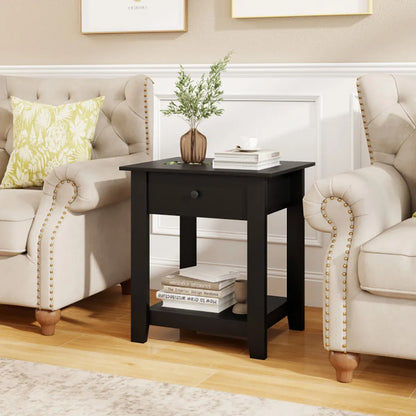 3-Tier Nightstand with Drawer and Open Shelf, Black