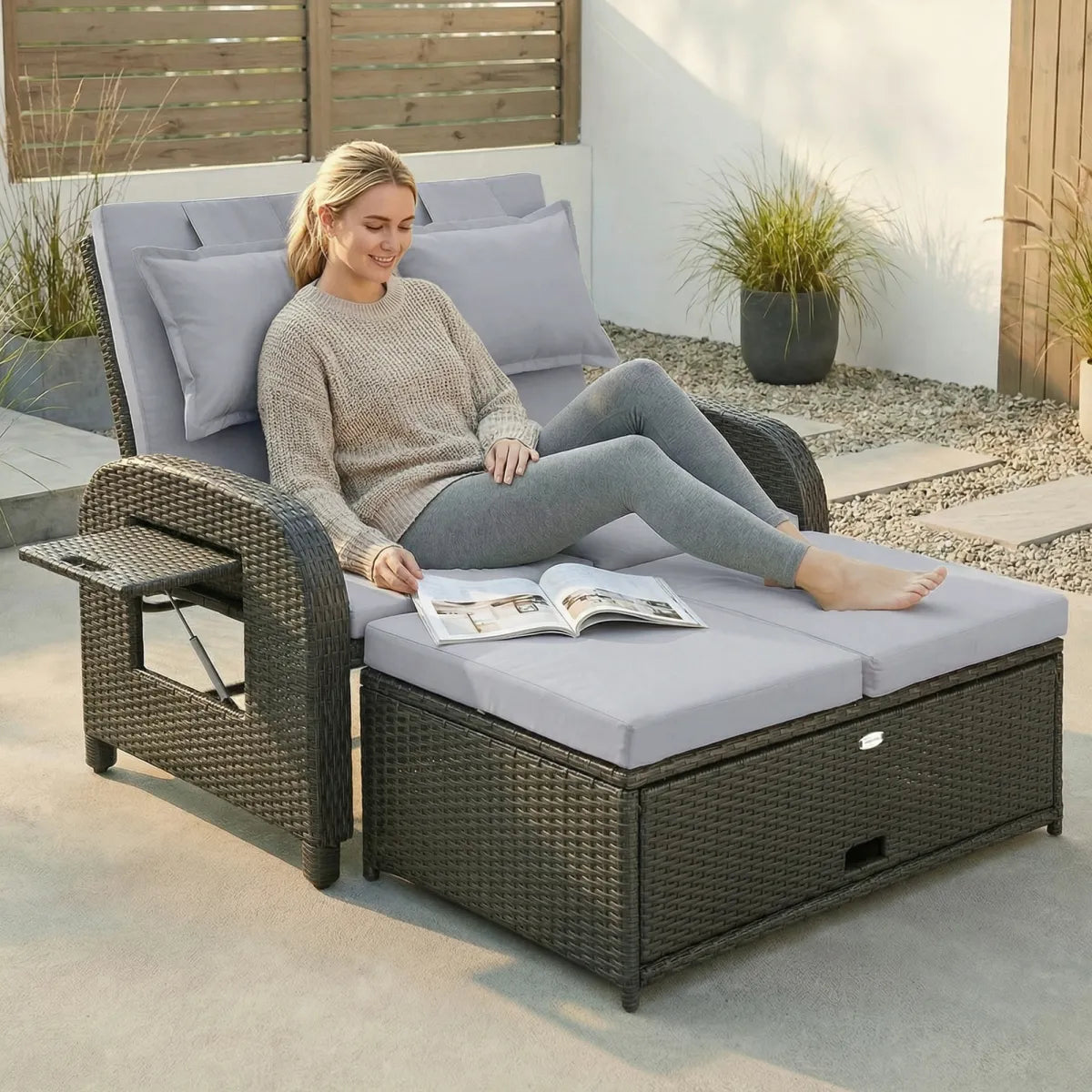 Wicker Outdoor Daybed with Storage Ottoman and Adjustable Backrest, Gray Cushions