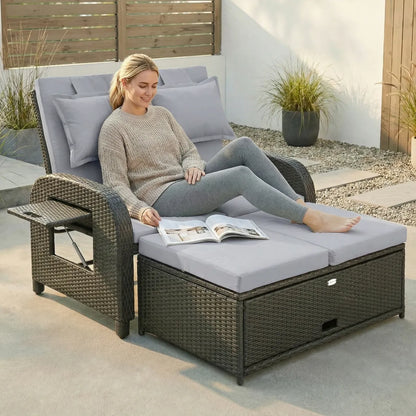 Wicker Outdoor Daybed with Storage Ottoman and Adjustable Backrest, Gray Cushions