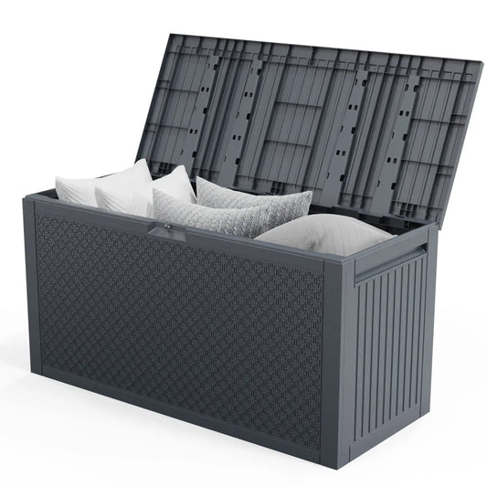 90 Gallon Outdoor Plastic Deck Storage Box with Lockable Seat