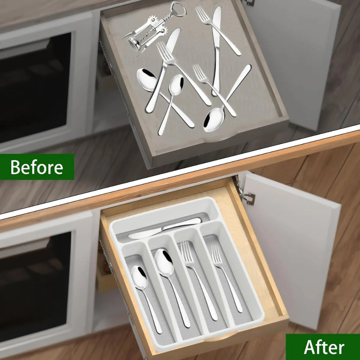 5-Compartment Utensil Tray – White Plastic Flatware Drawer Organizer