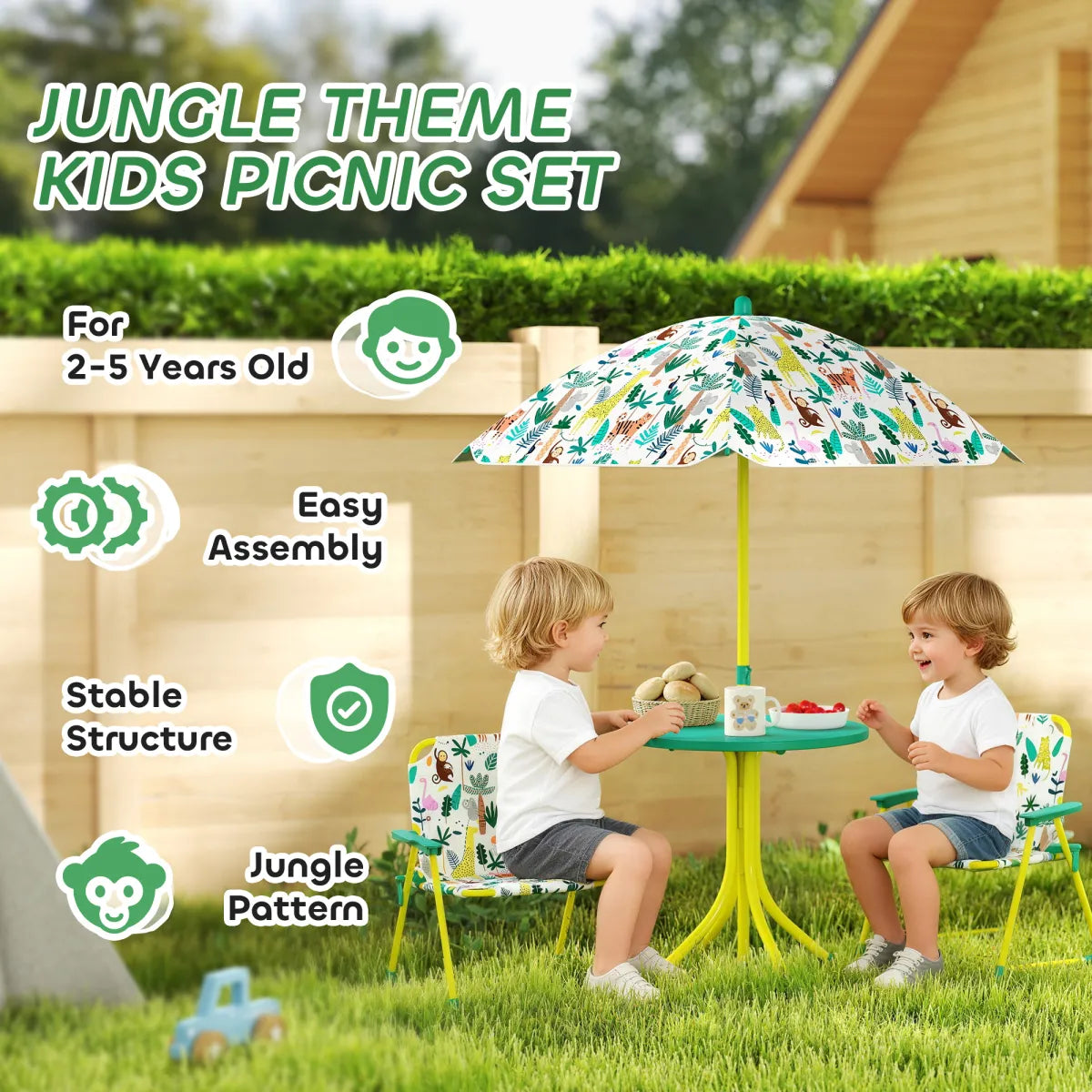Kids Picnic Table with 2 Folding Chairs and Umbrella