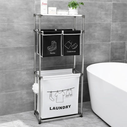 3-Tier Laundry Hamper Sorter with Removable Bags and Hooks, Black White
