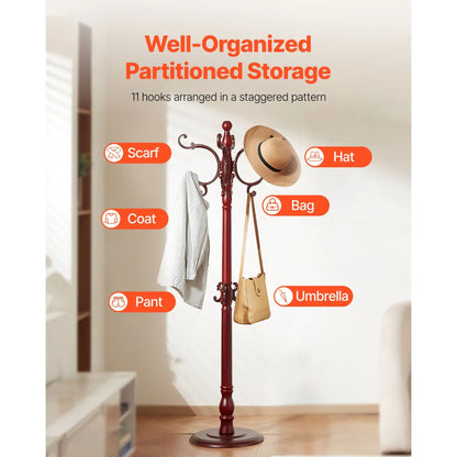 Freestanding Wooden Coat Rack with Weighted Base and 11 Hooks, Dark Brown