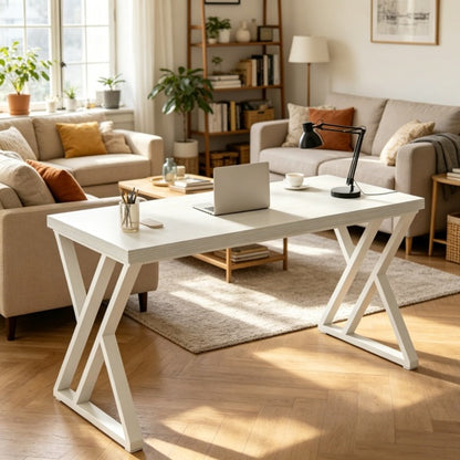 Industrial writing desk with Z-shaped legs, rustic wood and black